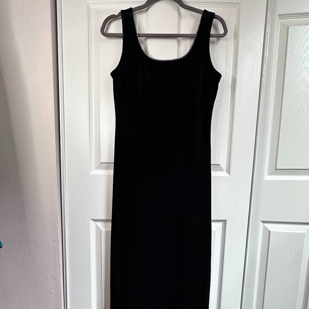 Vtg 90s Size 8 Alex Evenings Black Velvet w Rhinestone Trim Maxi Evening Gown